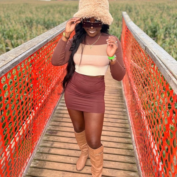Multiple shades of brown striped long sleeve shirt with brown skirt - Picture 8 of 9